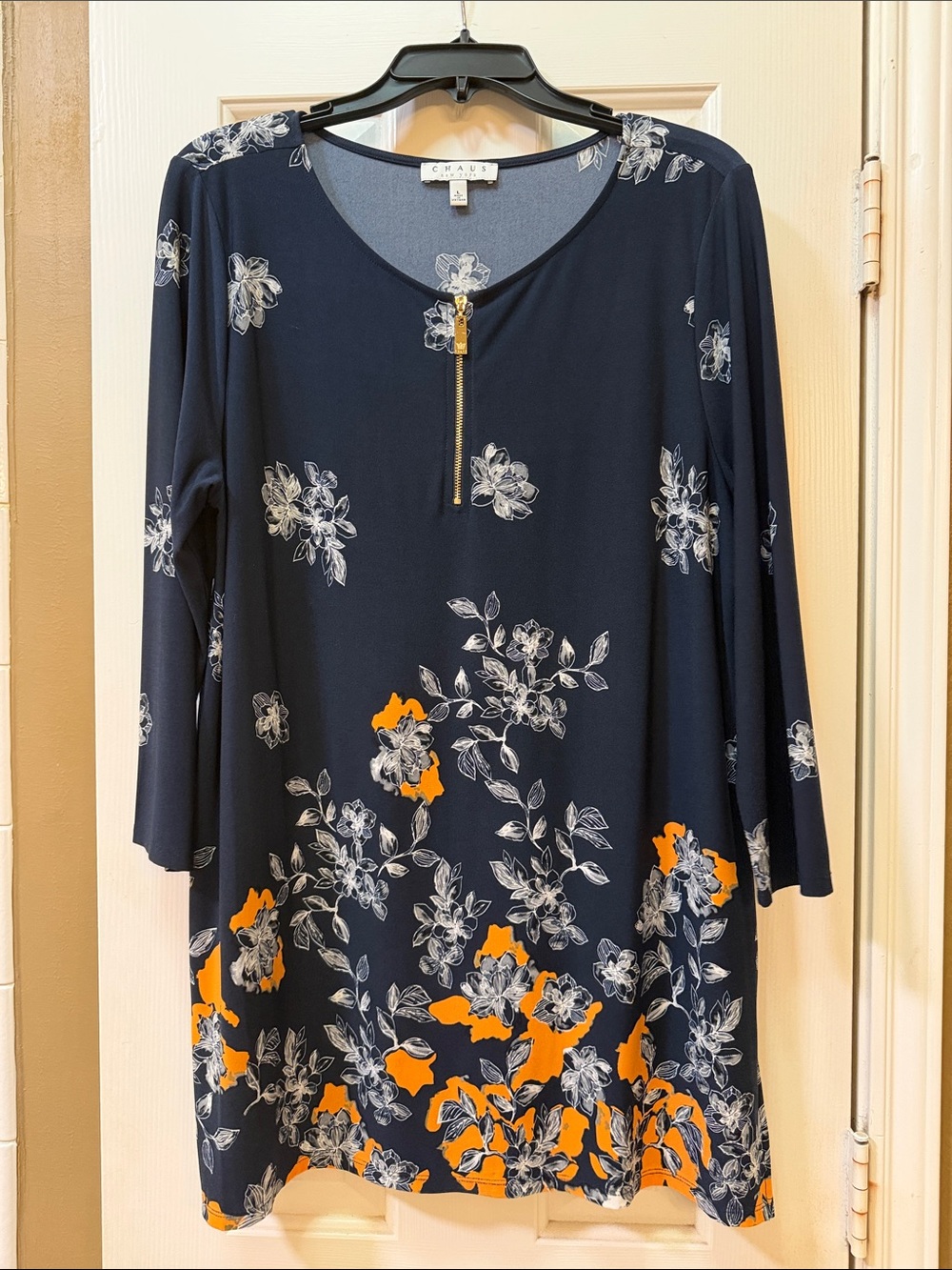 Chaus Navy Floral Tunic with Orange Accents and Gold Zip